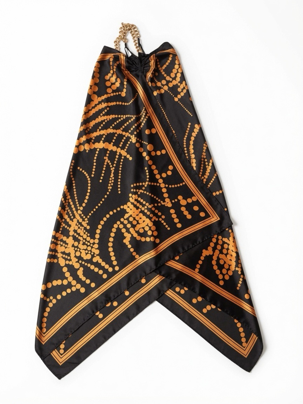 Pologarage Black & Orange Scarf Print Dress with Gold Chain Straps Size 2 S